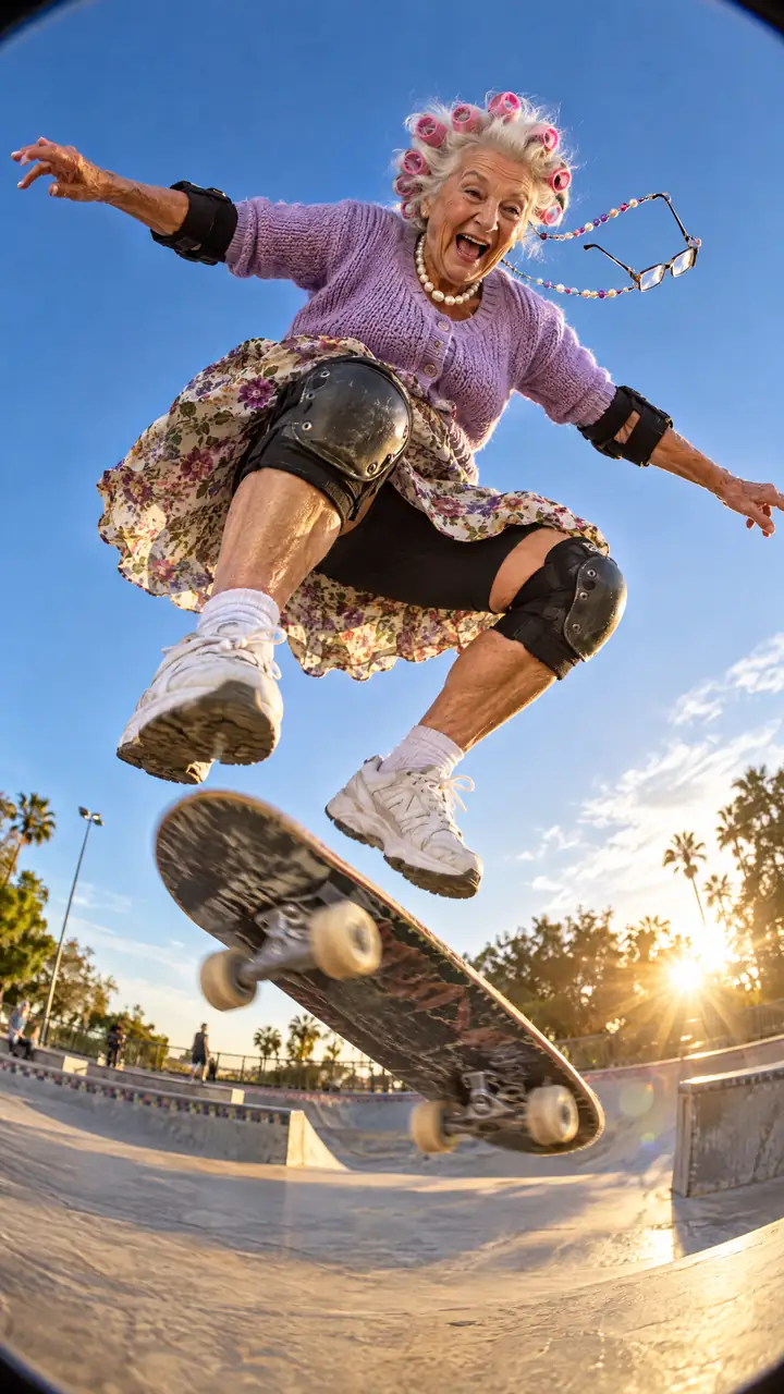 Nana mid-kickflip at a sunny skatepark, wearing hair curlers and a pearl necklace. Nana is an AI-generated example character.