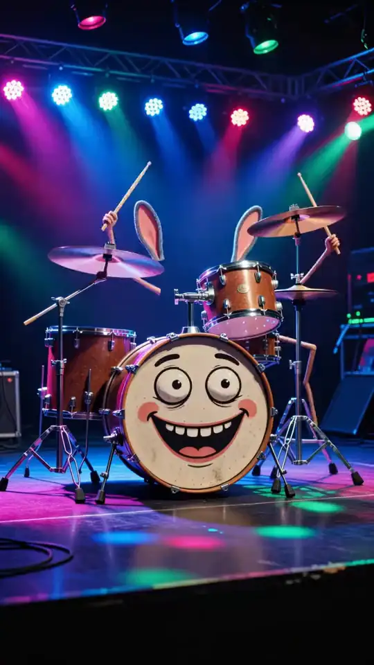 A drum kit with arms and legs drums on itself on a neon stage. An AI-generated fan render of the Tric Trac Baraboom meme.