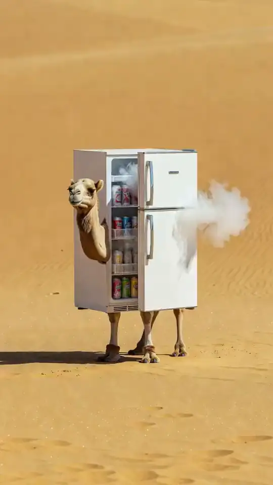 A refrigerator camel walks the dunes and its door swings open. An AI-generated fan render of the Frigo Camelo meme.