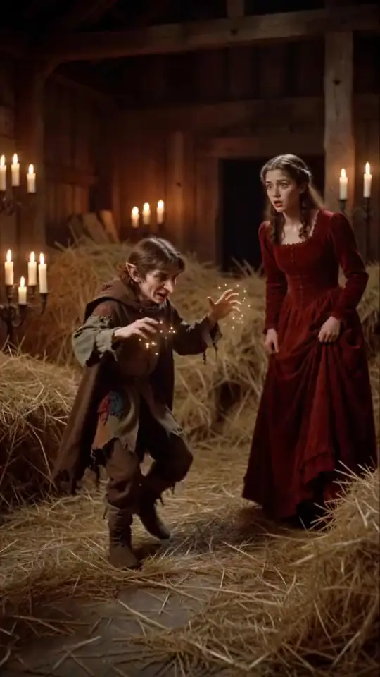 A creepy imp dances in a mill and turns straw into gold. An AI-generated fan render of the Tiptoe Rumpelstiltskin meme.