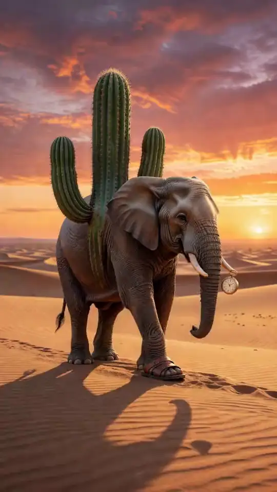 A cactus elephant in sandals checks its pocket watch in the desert. An AI-generated fan render of the Lirilì Larilà meme.