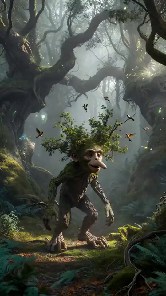 A tree-bark monkey with giant feet stomps through a misty forest. An AI-generated fan render of the Brr Brr Patapim meme.