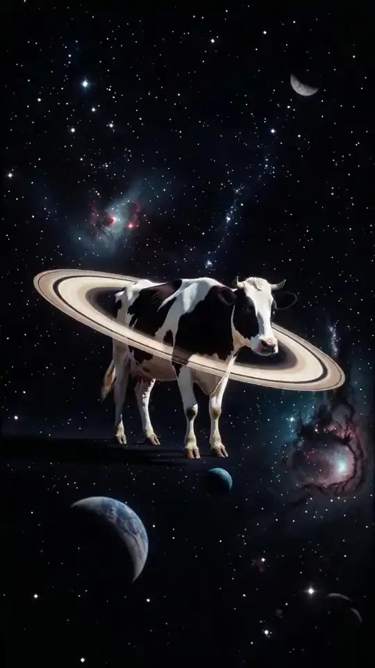 A cow ringed like Saturn walks through outer space. An AI-generated fan render of the La Vaca Saturno Saturnita meme.