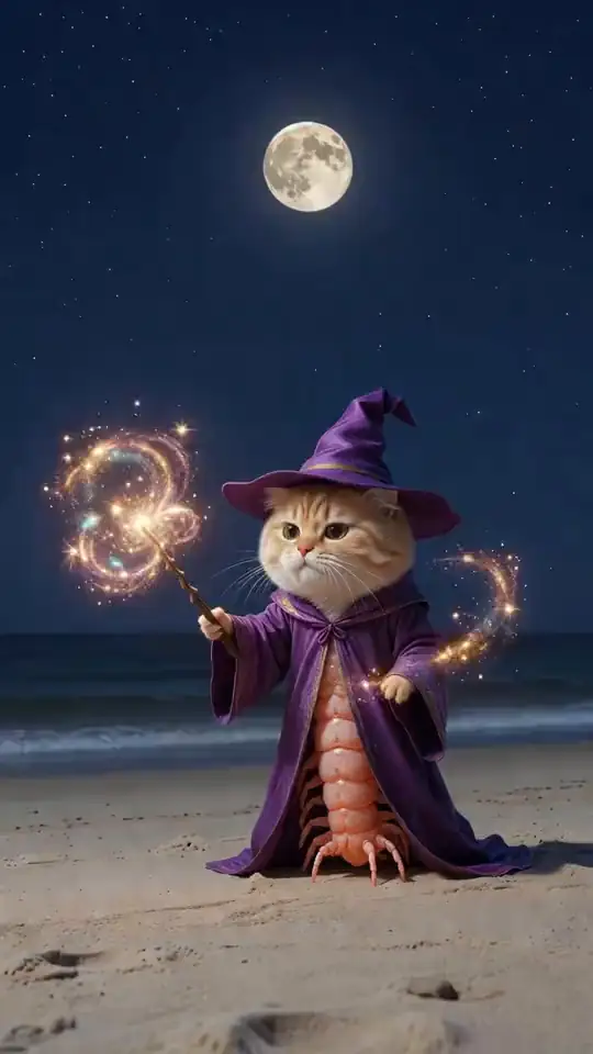 A cat-headed shrimp in a wizard robe casts sparkles on a beach. An AI-generated fan render of the Trippi Troppi meme.