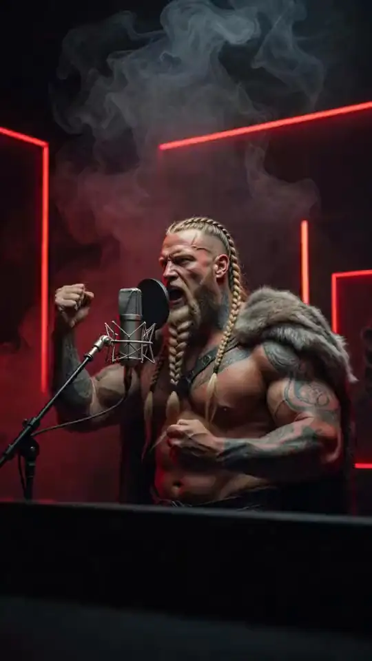 A tattooed Viking raps into a studio microphone. An AI-generated fan render of the AI Viking Rap meme.